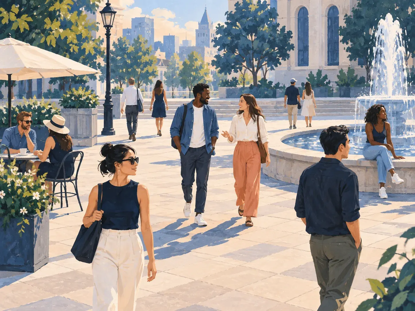 Illustration of adults in a city square