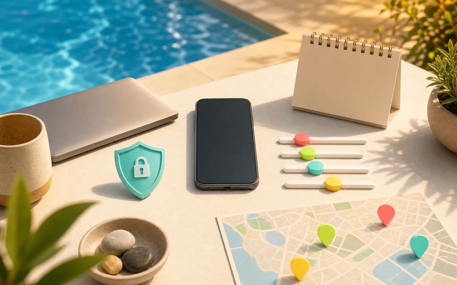 A phone, closed laptop, privacy shield, filter sliders, blank calendar, and city map on a poolside desk