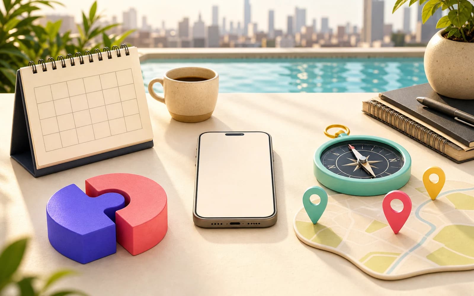 A phone between a blank calendar, interlocking shapes, a compass, and a city map on a poolside table