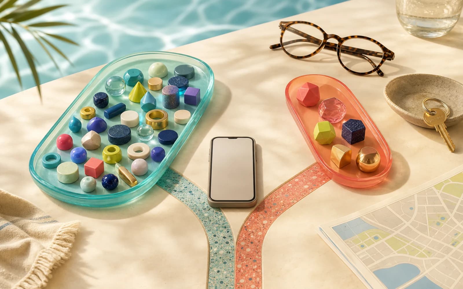 A phone between broad and focused trays of abstract tokens, with glasses, keys, and a city map on a poolside desk