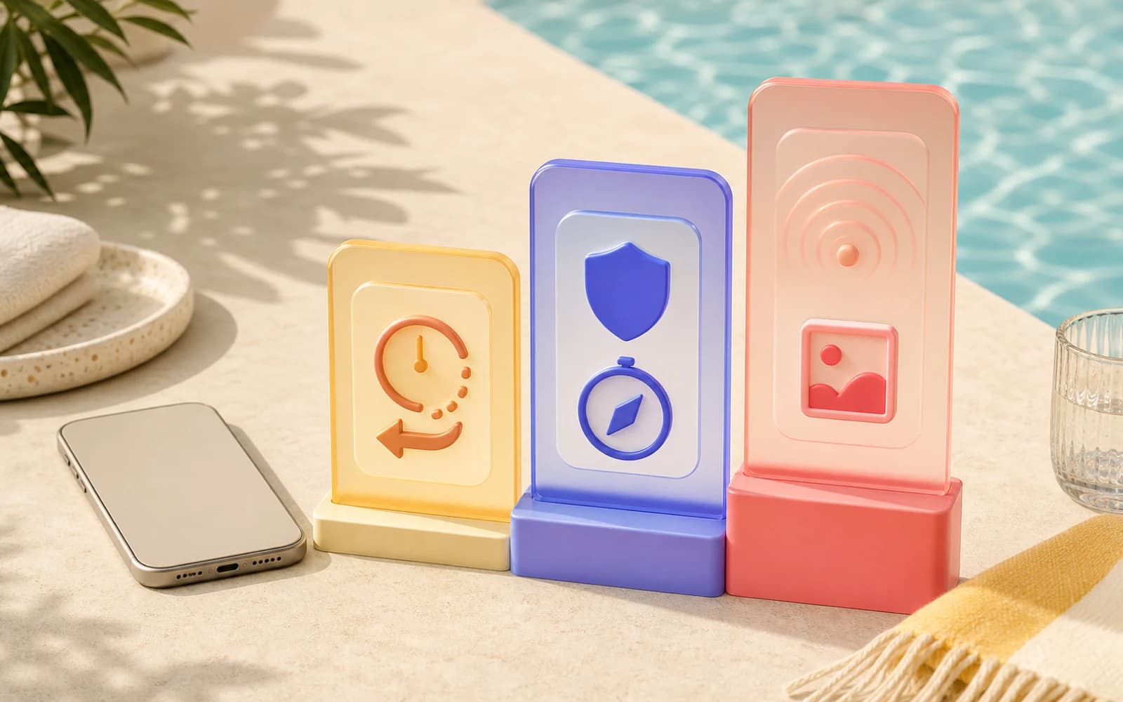An unbranded phone beside three colorful abstract subscription feature cards