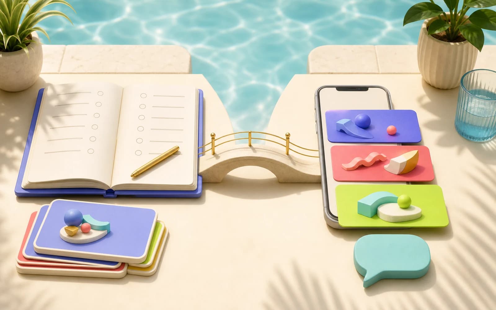 A questionnaire notebook beside a phone with colorful profile prompt cards, representing guided and profile-led dating