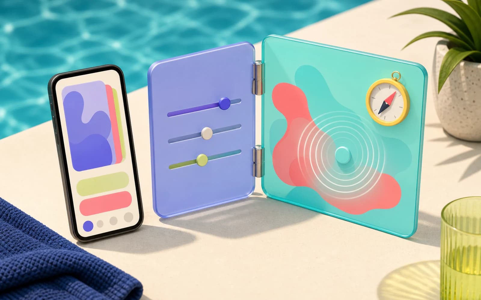Stylized phone beside translucent panels with filter sliders, a compass, and expanding visibility rings by a pool