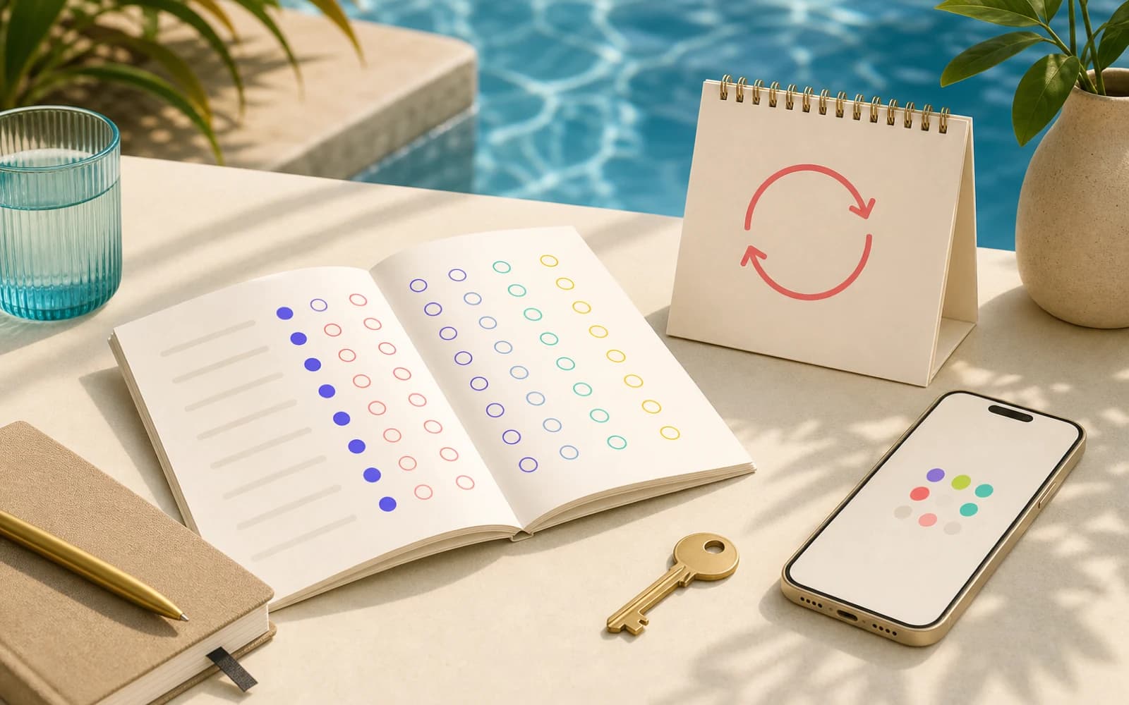 A smartphone, questionnaire, and renewal calendar beside a swimming pool
