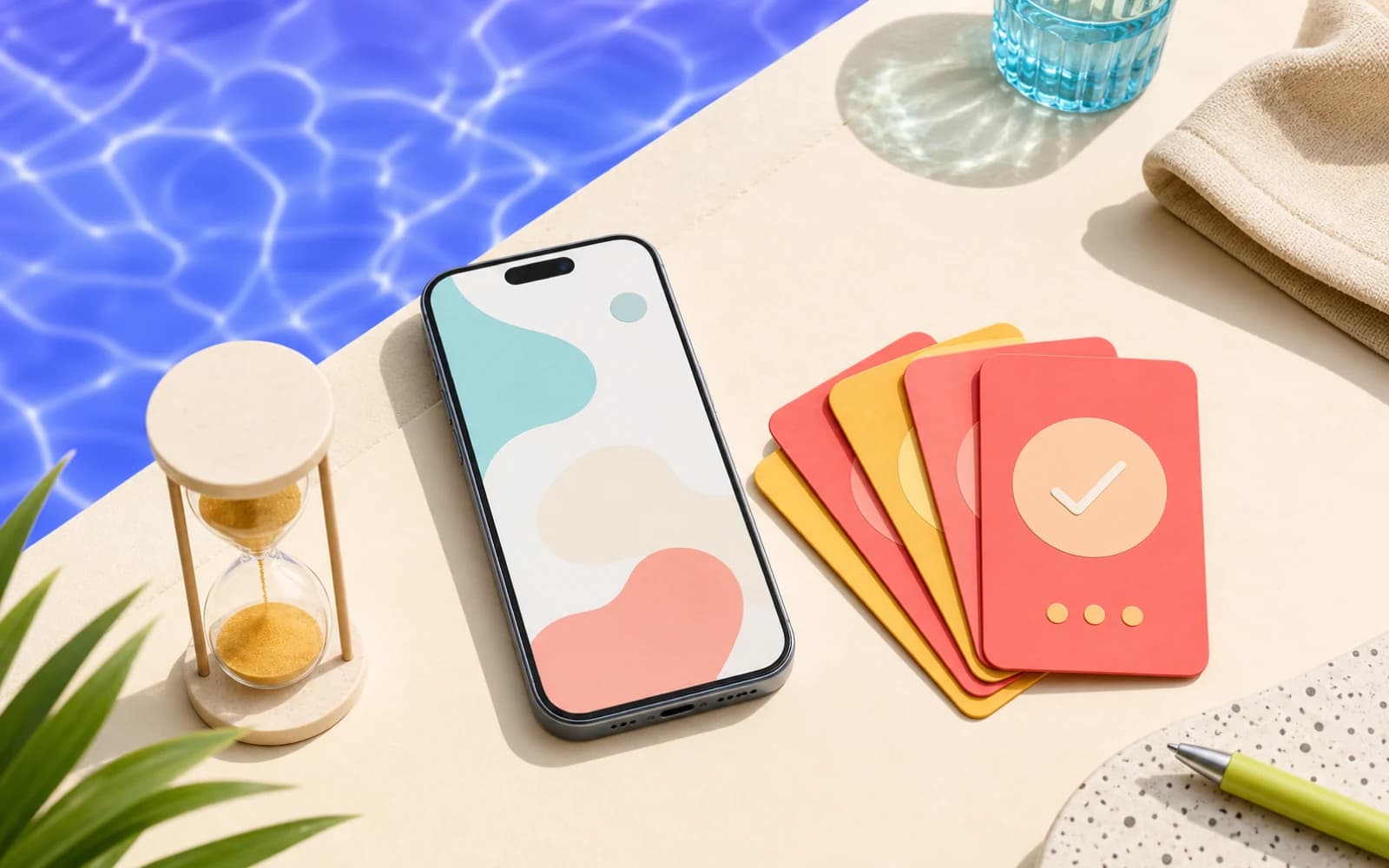 A smartphone, hourglass, and stack of abstract coral and gold cards beside a swimming pool