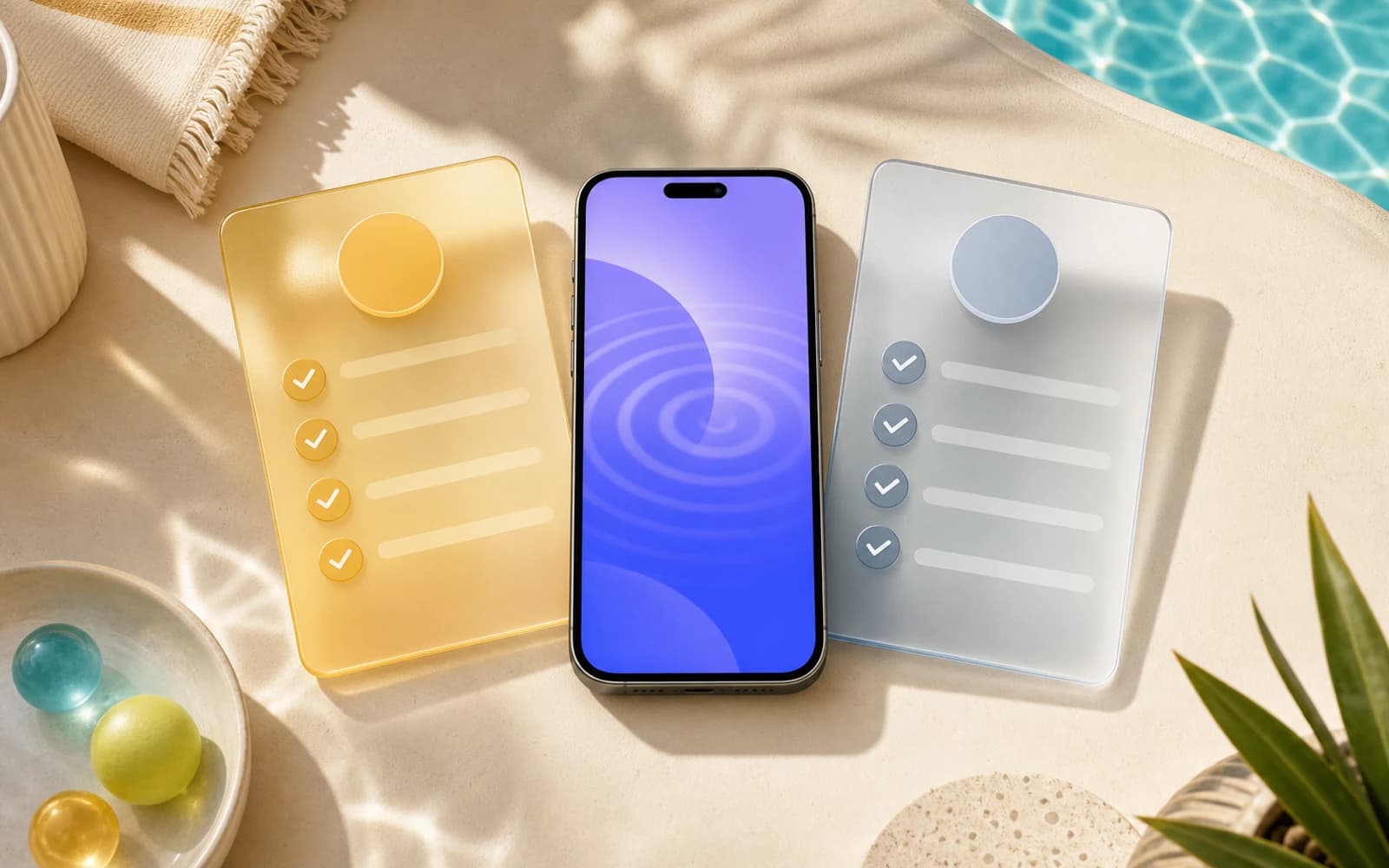 Phone between gold and platinum abstract checklists beside a swimming pool